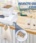 Heavy Duty Coin Counter And Auto Sorter With Killer Capacity Plug And Play Simple Setup Bank Grade Cash Management For US Canadian Mexican Foreign Coins No Sweat Operation With Full Two Year Warranty showing coin hopper and rejected coins.