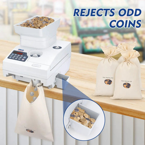 Heavy Duty Coin Counter And Auto Sorter With Killer Capacity Plug And Play Simple Setup Bank Grade Cash Management For US Canadian Mexican Foreign Coins No Sweat Operation With Full Two Year Warranty showing coin hopper and rejected coins.