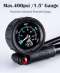High Pressure MTB Bike Shock Pump 400 PSI Max For Fork And Rear Suspension With No Loss Schrader Valve showing gauge close-up