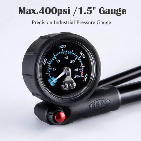 High Pressure MTB Bike Shock Pump 400 PSI Max For Fork And Rear Suspension With No Loss Schrader Valve showing gauge close-up