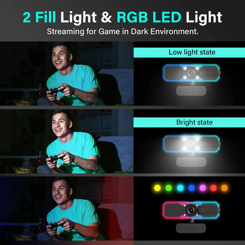 1080P 60Fps Streaming Webcam With Built In Mic And Glowing Rgb Ring Light Autofocus Camera For Desktop Laptop Gaming Conferencing Video Calls Live Stream Setup Straight Up Fire And Crisp, showcasing low and bright light states.
