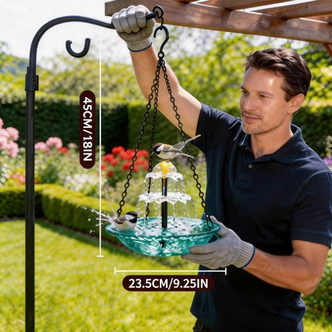 Man installing Solar Powered Hanging Bird Bath Fountain For Outdoors Large Blue Bird Bath With Wireless Pump Easy Install For Hummingbirds Gardens Patio And Backyard