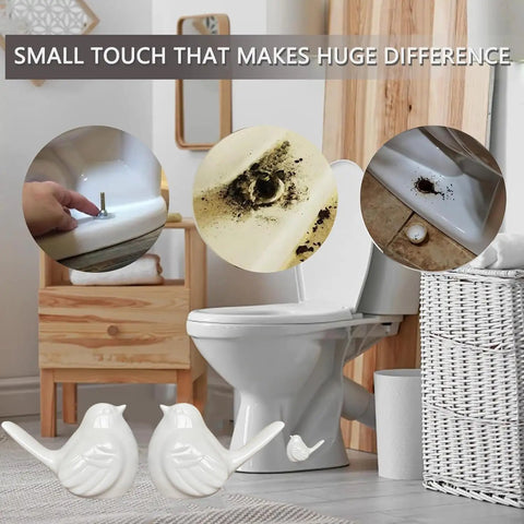 Slick White Bird Ceramic Toilet Bolt Covers Decorative Set Of Two Hides Rusty Floor Fasteners For Total Bathroom Glow Up No Fuss Install Smooth Home Refresh For Any Space displayed with cleaner and toilet.