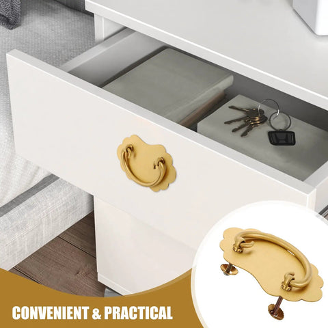 Vintage Brass Drawer Pull Handles For Dresser And Cabinet With Old School Chinese Style Antique Look And Dual Hole Mounting 105x62mm Decorative Hardware shown on a white drawer