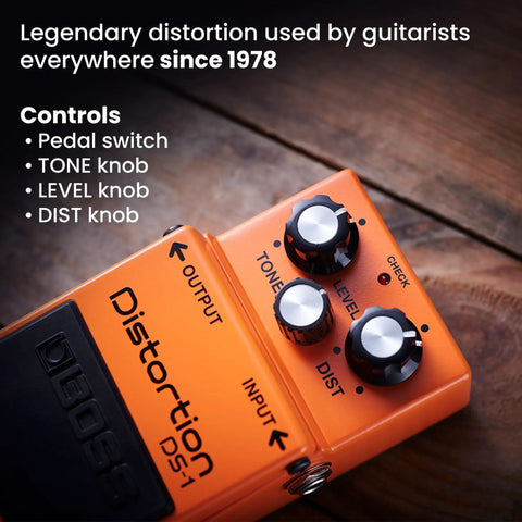 DS1 Distortion Pedal Bundle With Gearlux Power Supply, showing pedal switches and tone, level, dist knobs for rock tones