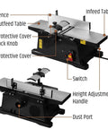 Detailed view showing features of Six Inch Benchtop Jointer With 15 Amp Motor And 12000 Rpm For Slick Cuts Adjustable Fence Up To One Eighth Inch Depth Hss Blades Rock Solid Woodworking Table Jointer Kit.