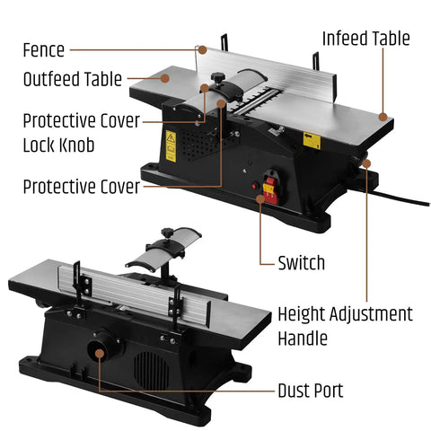 Detailed view showing features of Six Inch Benchtop Jointer With 15 Amp Motor And 12000 Rpm For Slick Cuts Adjustable Fence Up To One Eighth Inch Depth Hss Blades Rock Solid Woodworking Table Jointer Kit.