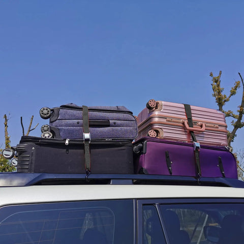 Cambuckle Tie Down Straps 1 Inch By 10 Feet Red 900 Pound Break Strength 8 Pack securing luggage on car roof rack