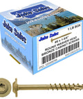 Eight By One Quarter Inch Bronze Ceramic Coated Star Drive Torx Head Exterior Truss Wood Screws Acq Lumber Approved Cabinet Mount Heavy Duty Construction No Sweat Install Fasteners in a box with product details on the side.
