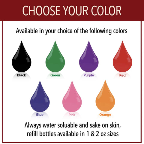 Kickass Custom Text Line Stamps With Self Inking Tech For Office And Home Personalized Rubber Stamp color options displayed in ink droplet shapes.