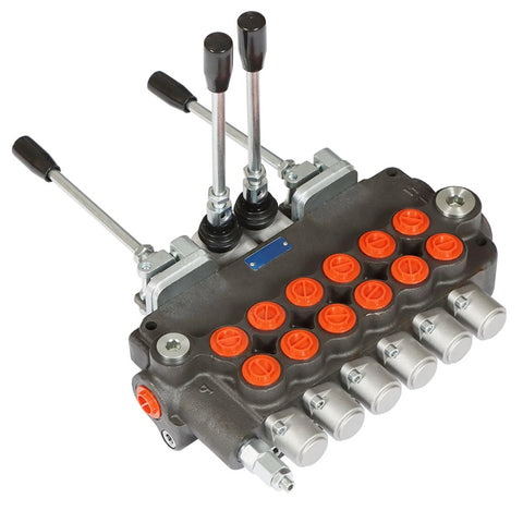 Front view of a 6-spool hydraulic directional control valve with multiple lever controls and orange port caps.