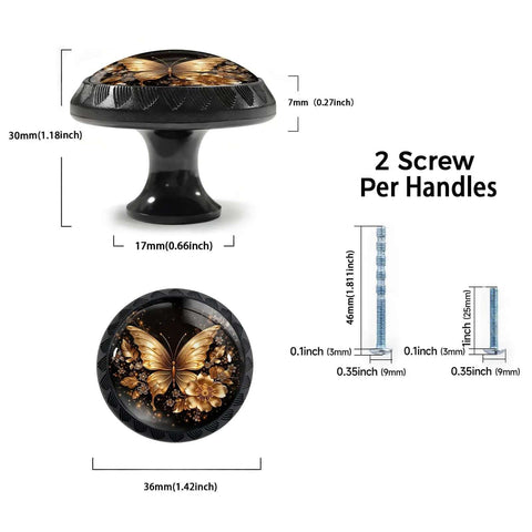 4 Pack Golden Butterfly Cabinet Knobs With Matte Black Base, Elegant Floral Accents And Rhinestone Details For Kitchen And Bathroom Cabinets, Vintage Court Style Hardware dimensions and screws display