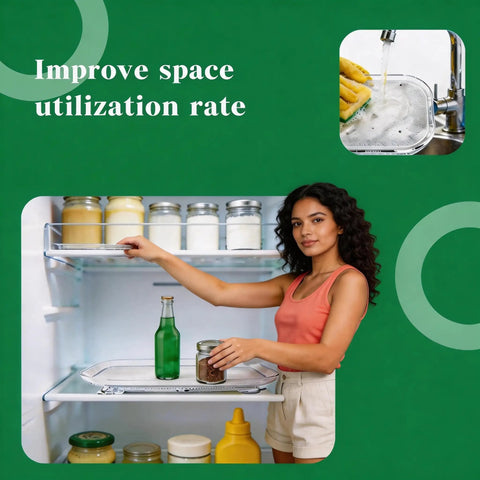 Woman using Two Pack Clear Acrylic Fridge Lazy Susan Organizer With 360 Degree Rotating Turntable for organized fridge storage.