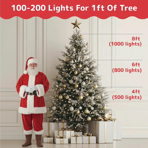 Santa next to decorated Christmas tree with lights and presents, labeled for lighting needs per tree height.