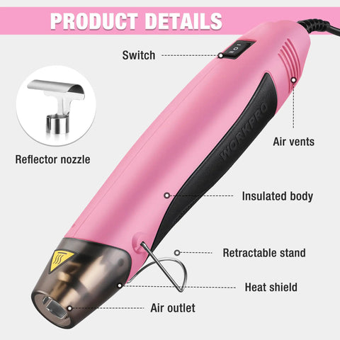 Dual Temperature 400W Mini Heat Gun With Reflector Nozzle 250C/450C, 5.9 Ft Cord, Overload Protection, pink air vents and insulated body