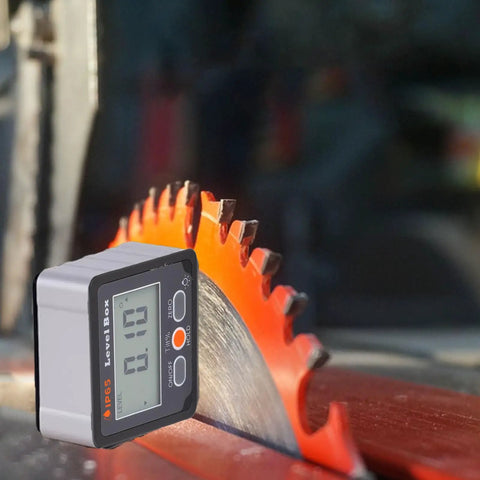 Built Tough Heavy Duty Digital Angle Finder With Crisp Backlit LCD Screen And Rock Solid Magnet Magnetic Level Box Inclinometer measuring angle on saw blade.