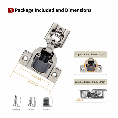 40 Pack Half Inch Overlay Soft Close Cabinet Hinges With 105 Degree Angle Built In Damper 3 Way Adjustable For Face Frame Cabinets Easy Install DIY Friendly Cold Rolled Steel Construction, 35mm cup, screws and dowels