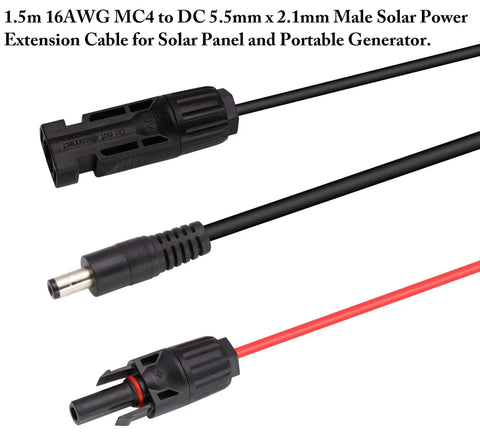 Solar Panel To DC 5.5mm X 2.1mm Male And Female Adapter Cable, 1.5m 16AWG Extension For Portable Solar Panels And Generators