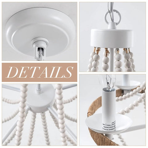 Wood Beaded Chandelier 5 Light Boho Candle Pendant Light For Living Room Dining Room Kitchen Foyer E12 Dimmable details