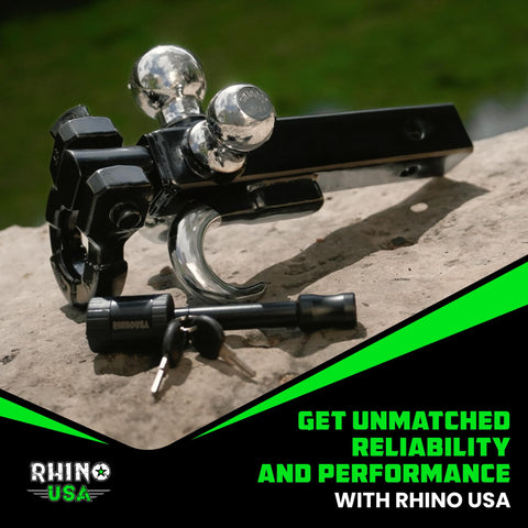 All In One Tri Ball Trailer Hitch Mount With Locking Pin And D Ring Shackle For Two Inch Receiver Recovery Hook Fits One Seven Eighths Inch Two Inch And Two Five Sixteenths Inch Balls Heavy Duty Tow Hitch For Trucks And SUVs Black displayed on rough surface with lock and key