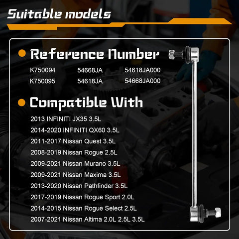 Sway bar link with reference numbers and compatible Nissan/Infiniti models displayed