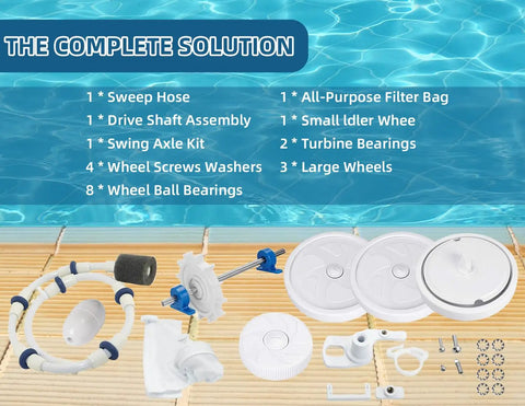 Polaris Zodiac 280 Replacement Parts Kit Beefed Up Wheel And Bag Accessories laid out by a poolside