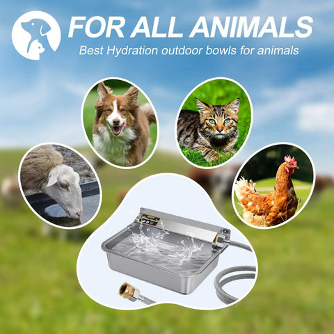 Hassle Free One Gallon Automatic Dog Water Dispenser Stainless Steel Self Filling Bowl, shown with various animals around.