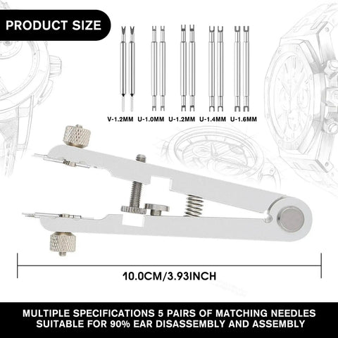 Watch Spring Bar Tool Kit With Pliers And 10 Tips, Pin Bar Tweezers; 10cm silver aluminum pliers with precision tips.