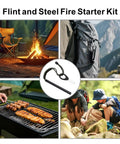 Six Inch Ferro Rod Fire Starter Kit With Paracord Lanyard Handle And Striker, shown with camping and hiking scenes.