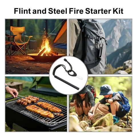 Six Inch Ferro Rod Fire Starter Kit With Paracord Lanyard Handle And Striker, shown with camping and hiking scenes.
