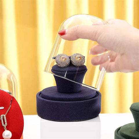Sleek Velvet Earring Display Stand With Glass Lid Angled Jewelry Organizer showing earrings under glass lid on velvet base