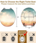 Chill Tropical Beach Resin Toilet Seat featuring a sunny thatched umbrella motif, dimensions shown for a round seat measurement.