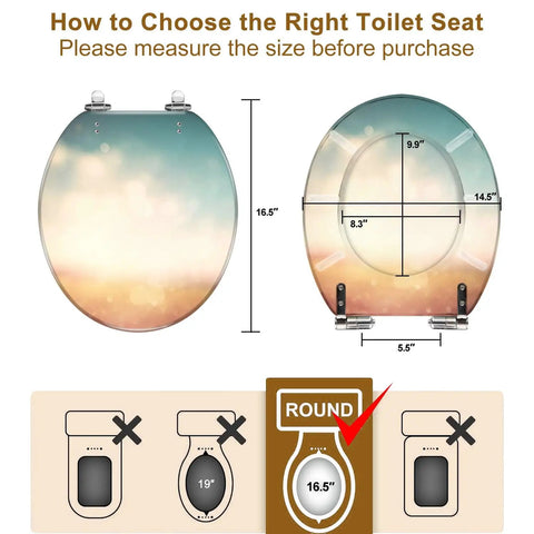 Chill Tropical Beach Resin Toilet Seat featuring a sunny thatched umbrella motif, dimensions shown for a round seat measurement.