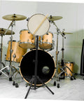 Heavy Duty Black Adjustable Drum Rack Integrated With Portable Practice Pad Station Featuring Sturdy Alloy Build Designed For Weekend Drummers And Touring Pros Wanting A Killer Stage Setup with practice pad and drum set.