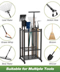 Heavy Duty Steel Garden Tool Organizer Rack For Garage And Shed With 35 Tool Slots For Long Handled Tools, Rakes, Brooms, Yard Tools, Outdoor Storage, Smart Tool Holder, Black holding various garden tools.