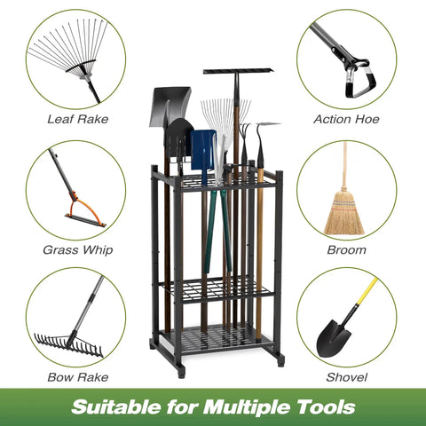 Heavy Duty Steel Garden Tool Organizer Rack For Garage And Shed With 35 Tool Slots For Long Handled Tools, Rakes, Brooms, Yard Tools, Outdoor Storage, Smart Tool Holder, Black holding various garden tools.