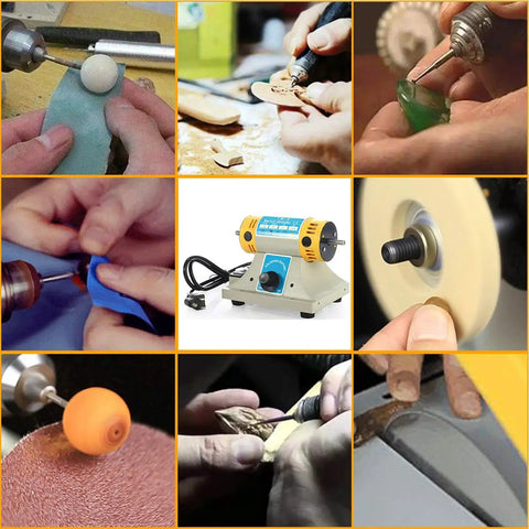 Images of Portable Bench Polisher And Buffer For Jewelry Making, 350W Variable Speed 0 To 10000 RPM with various uses and materials.