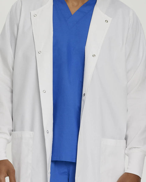Relaxed Fit Unisex Full-Length Lab Coat With Snap Front And Two Spacious Pockets, Durable Workwear Coat For Doctors