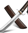 Fixed Blade Tanto Knife With Full Tang Build, solid wood handle, shown with wooden sheath, ideal for hunting and bushcraft.