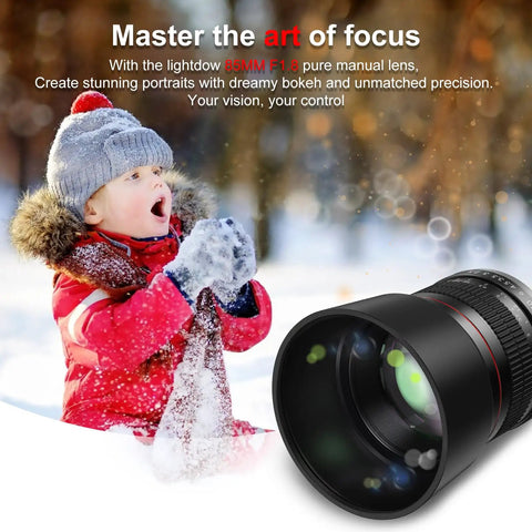 Child in winter clothing plays in snow beside 85mm F1.8 Portrait Manual Focus Lens For EF/EF-S Mount DSLRs No Autofocus Creamy Bokeh Sharp