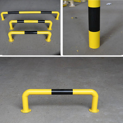 U Shaped Steel Pipe Wheel Stop With Anti Collision Round Parking Post in Visibility Yellow and Black on concrete floor