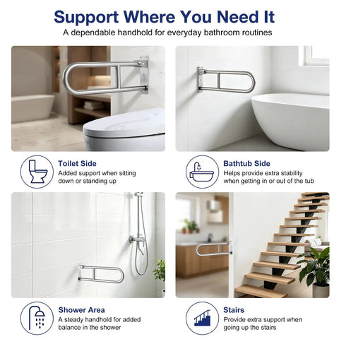 Foldable Toilet Grab Bar 24 Inch Stainless Steel Handrail Heavy Duty Bathroom Safety Rail Flip Up Space Saving Assist Handle by toilet