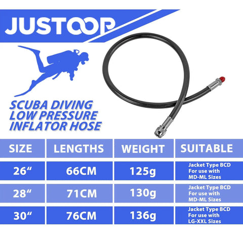 Premium Rubber Low Pressure Scuba Inflator Hose For Standard BCD, 350 PSI Rating, 30 Inch Black LP Hose With Quick Connector