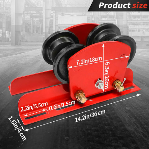 Electric Hoist Trolley For I Beam Lifting Built Tough 1 Ton Heavy Duty Capacity with dimensions shown in warehouse setting.