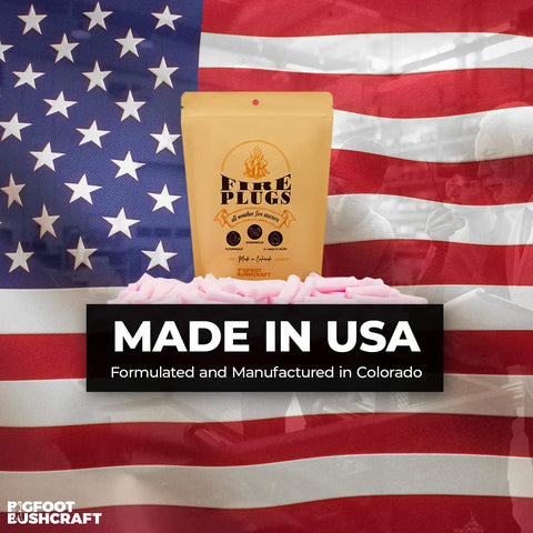 Non Toxic Waterproof Fire Starters Keep It Lit With Five Minute Burn For Emergencies Survival Campfires Fire Pits And Grills Made In The USA 30 Pack For Any Adventure package against American flag.