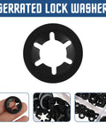 Industrial Grade Stainless Steel Internal Tooth Serrated Lock Washers Kit 280 Pcs showing a black washer in detail.