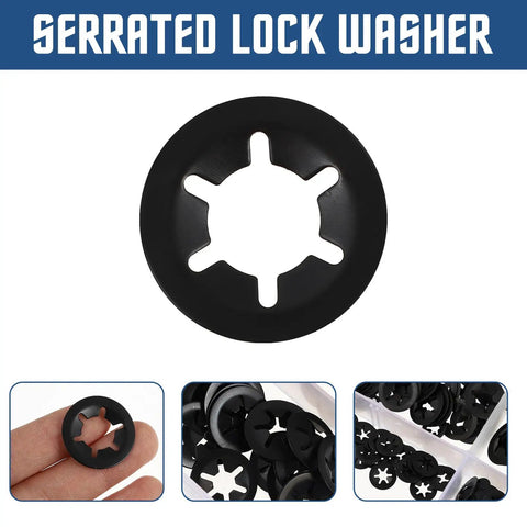 Industrial Grade Stainless Steel Internal Tooth Serrated Lock Washers Kit 280 Pcs showing a black washer in detail.