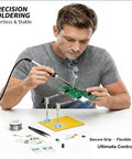 Man using Must-Have Helping Hands Soldering Tool With Steel Base And Adjustable Joint Clamp, Two-Arm PCB Holder for electronics repair.