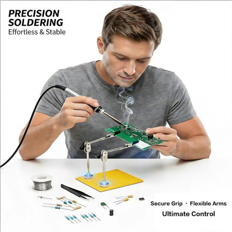 Man using Must-Have Helping Hands Soldering Tool With Steel Base And Adjustable Joint Clamp, Two-Arm PCB Holder for electronics repair.