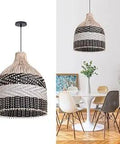 Rattan Pendant Light for Kitchen Island, Wicker Chandelier in dining room with wooden table and chairs, 15.7 by 19.7 inches